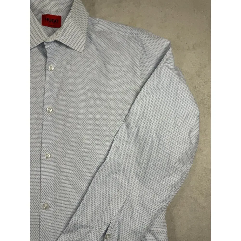 HUGO Hugo Boss Mens Sharp Fit White Blue Micro Print Long Sleeve Dress Shirt L